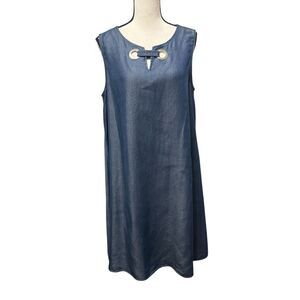Anne Klein Blue Tencel Shift Dress Sz 10 Silver Ring Detail Sleeveless